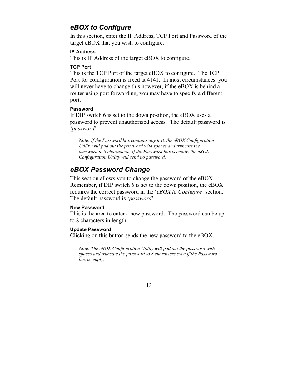Ebox to configure ebox password change, Ebox to configure, Ebox password change | JLCooper eBOX User Manual | Page 13 / 58