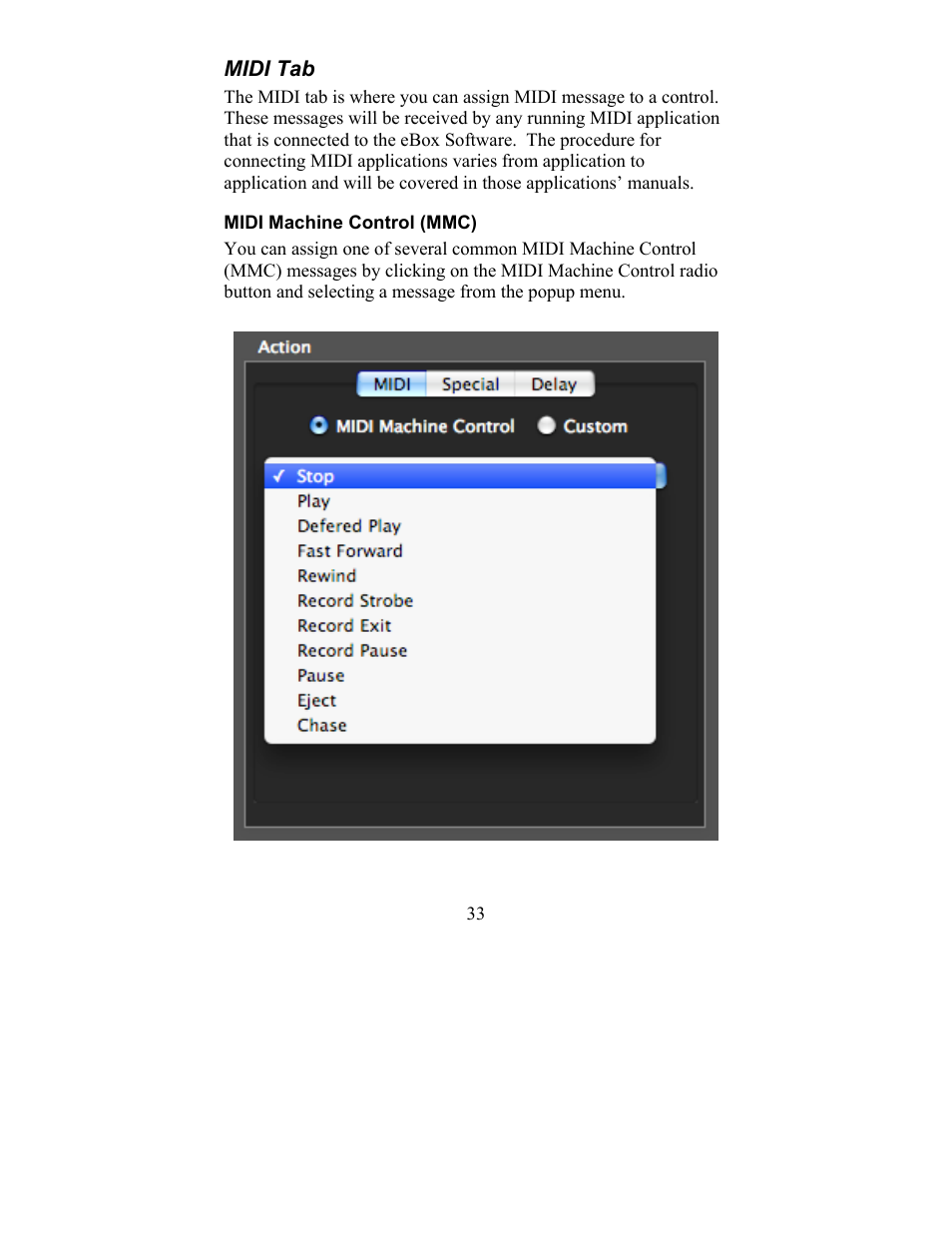 Midi tab, Midi machine control (mmc) | JLCooper eBOX User Manual | Page 33 / 58