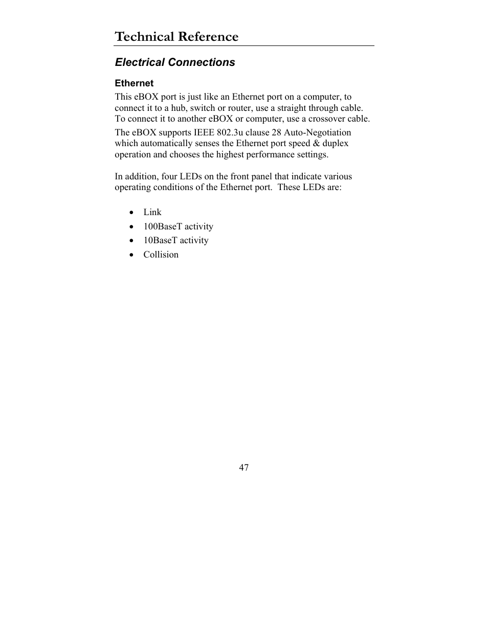 Technical reference, Electrical connections, Ethernet | JLCooper eBOX User Manual | Page 47 / 58