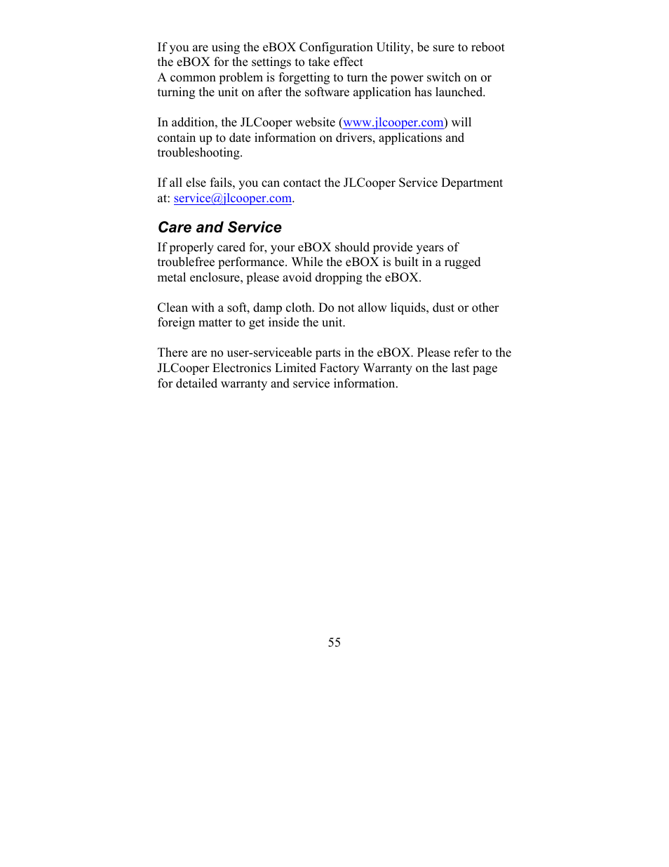 Care and service | JLCooper eBOX User Manual | Page 55 / 58