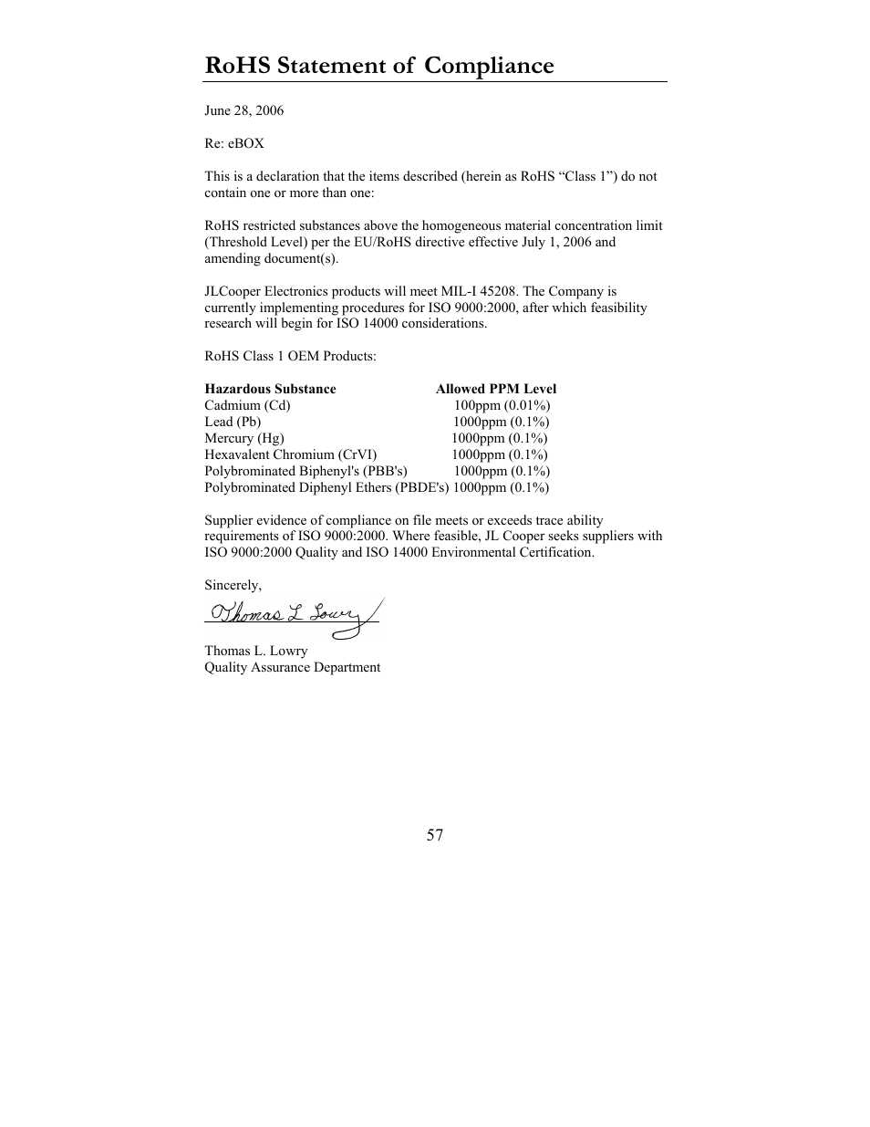 Rohs statement of compliance, Nce rohs statement of complia | JLCooper eBOX User Manual | Page 57 / 58