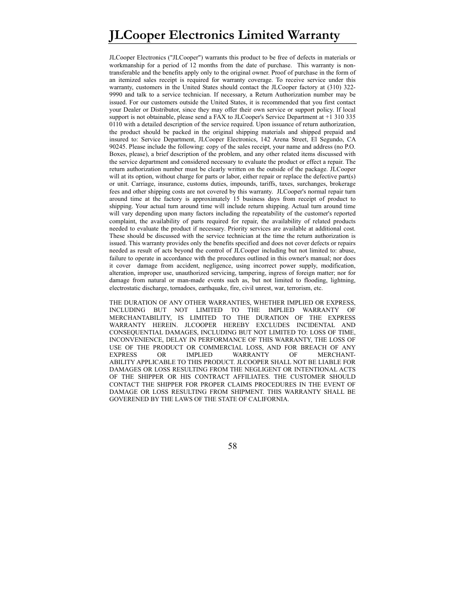 Jlcooper electronics limited warranty, Rranty jlcooper electronics limited wa | JLCooper eBOX User Manual | Page 58 / 58