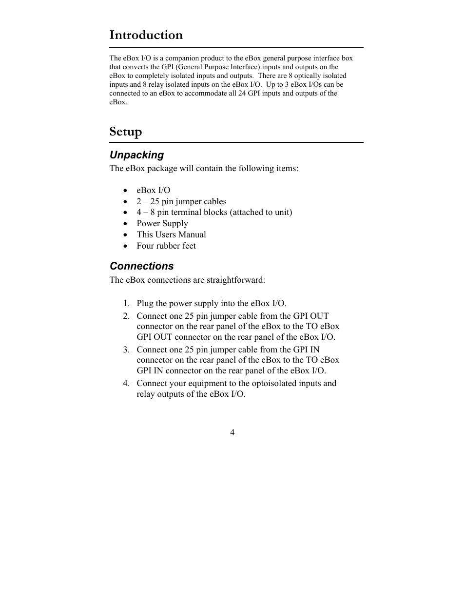 Introduction, Setup, Unpacking connections | JLCooper eBox I User Manual | Page 4 / 10