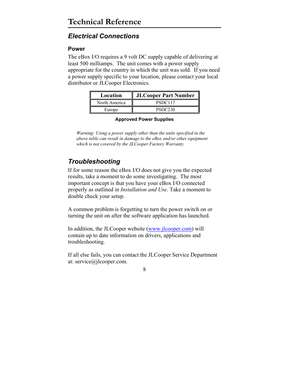 Electrical connections, Power, Troubleshooting | Technical reference | JLCooper eBox I User Manual | Page 8 / 10