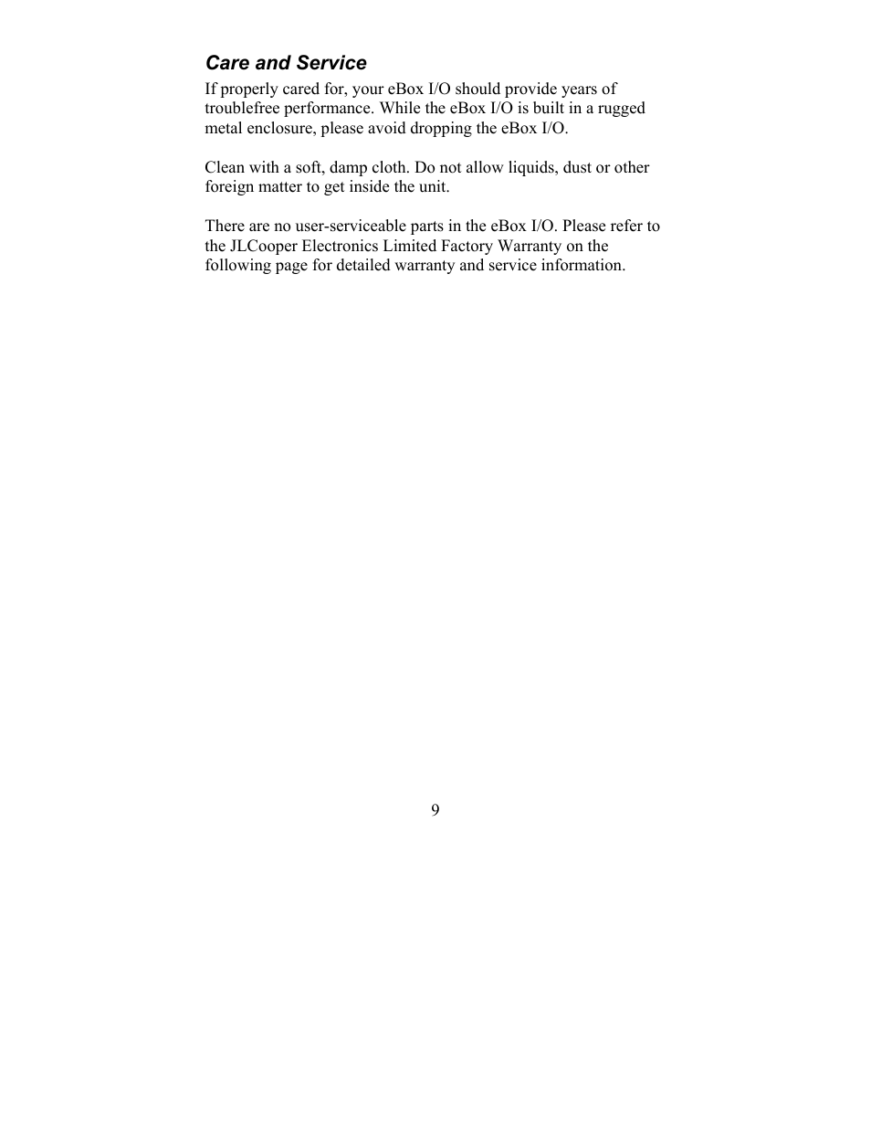 Care and service | JLCooper eBox I User Manual | Page 9 / 10