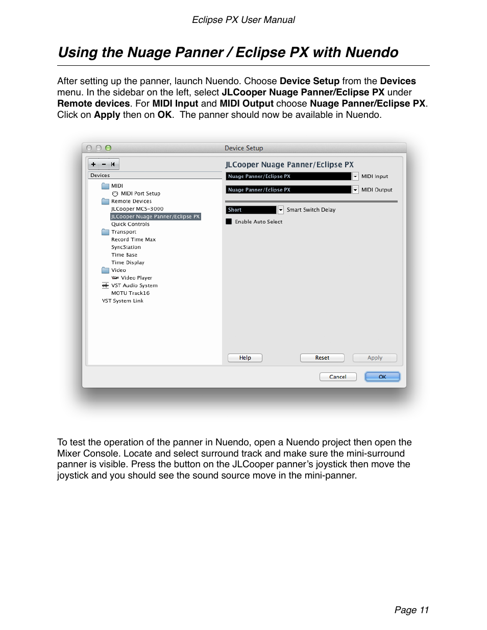 Using the nuage panner / eclipse px with nuendo | JLCooper Eclipse PX for OS X User Manual | Page 11 / 14