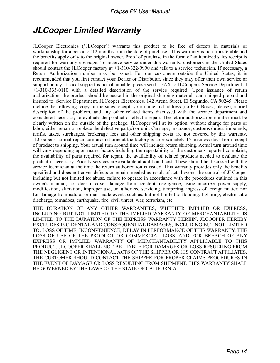 Jlcooper limited warranty | JLCooper Eclipse PX for OS X User Manual | Page 14 / 14