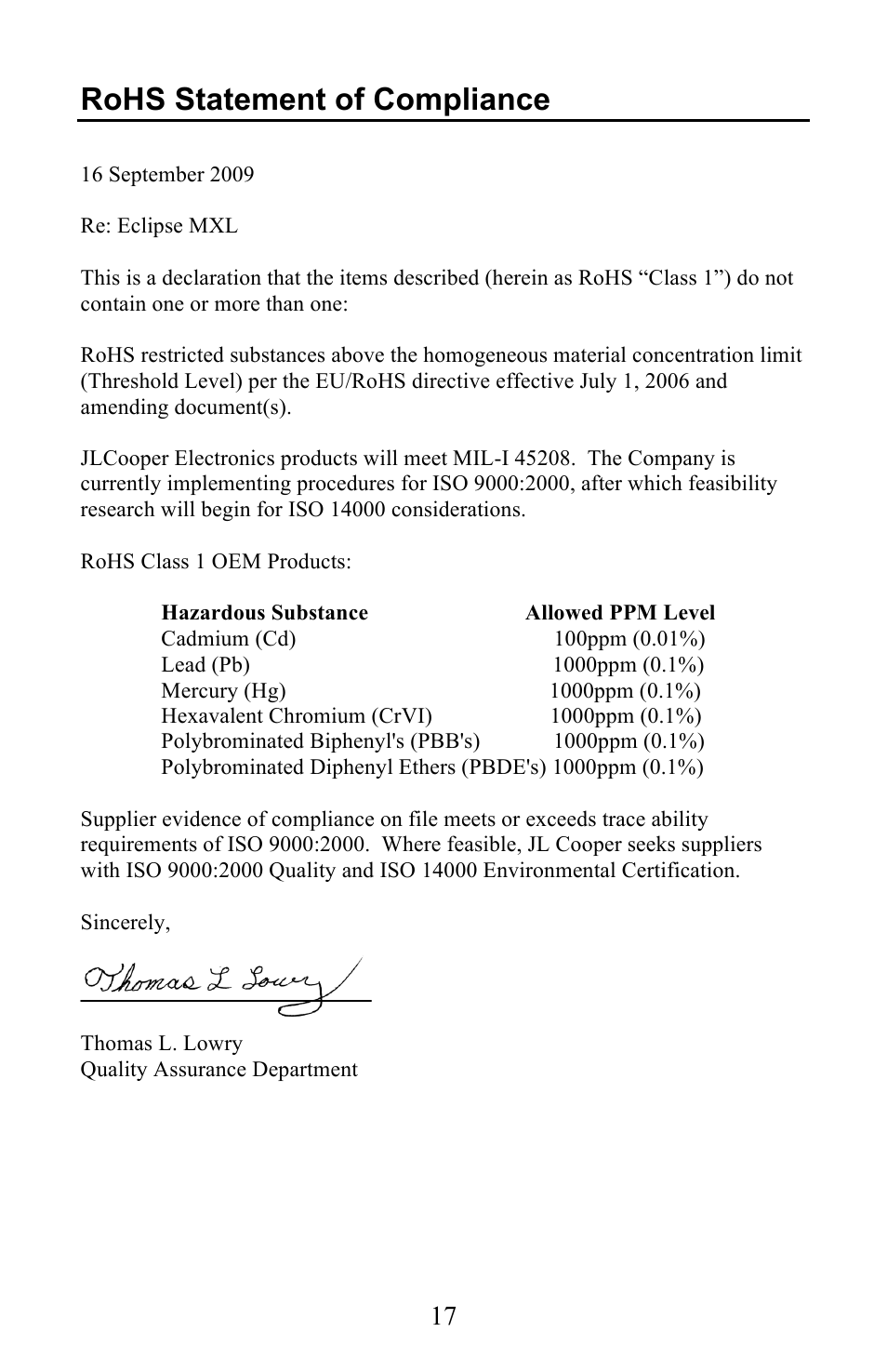 Rohs statement of compliance | JLCooper EclipseMXL User Manual | Page 17 / 19