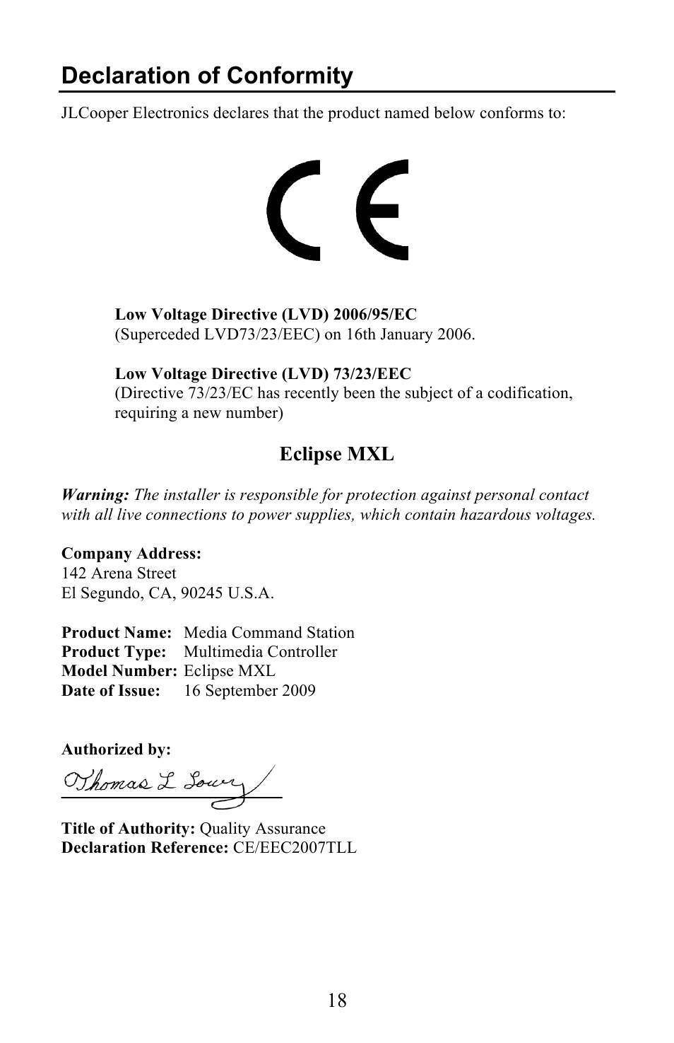 Declaration of conformity, Eclipse mxl | JLCooper EclipseMXL User Manual | Page 18 / 19