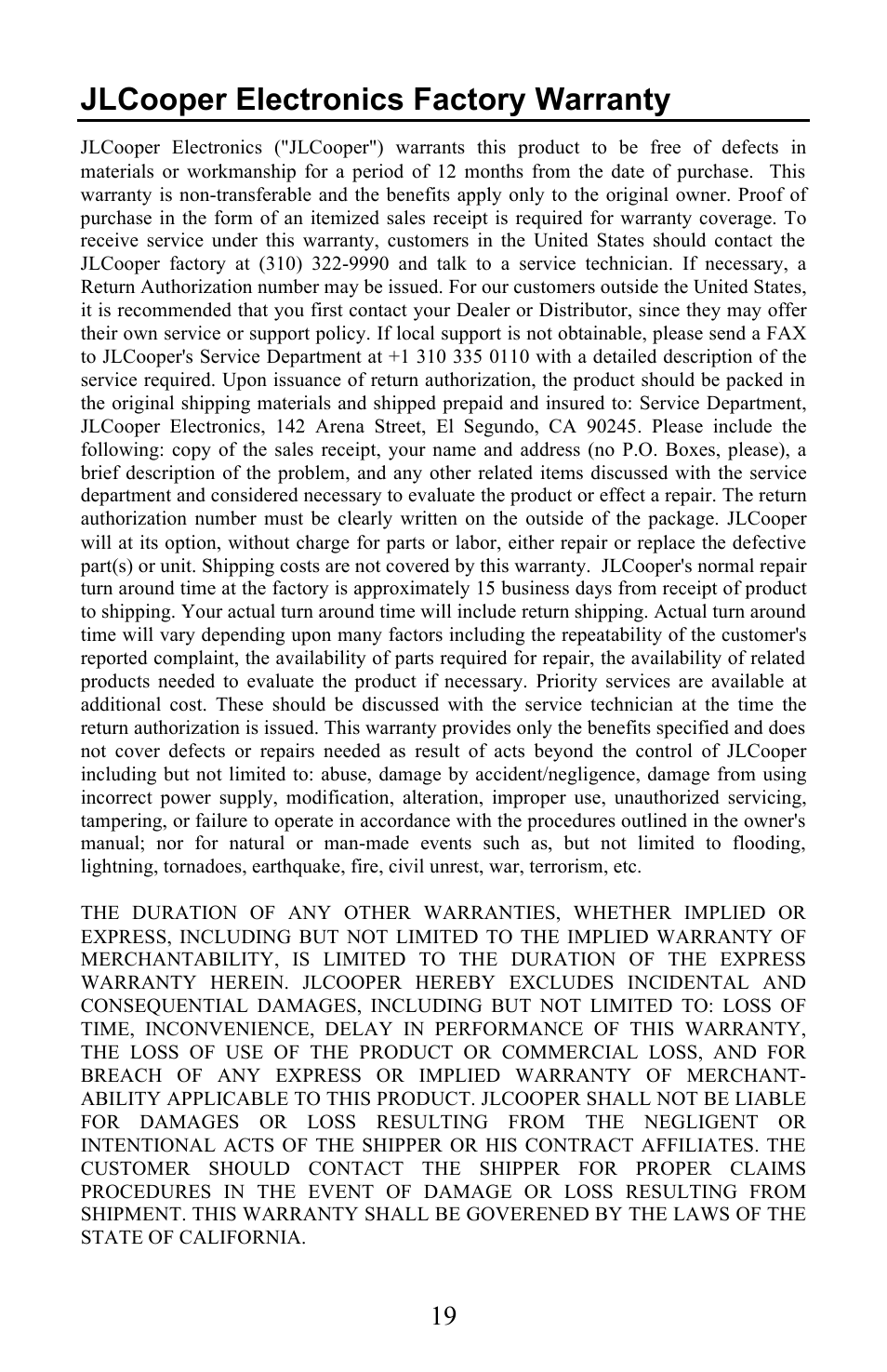 Jlcooper electronics factory warranty | JLCooper EclipseMXL User Manual | Page 19 / 19