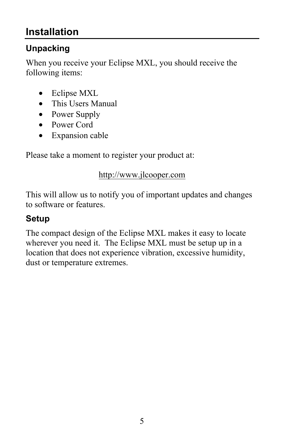 Installation | JLCooper EclipseMXL User Manual | Page 5 / 19