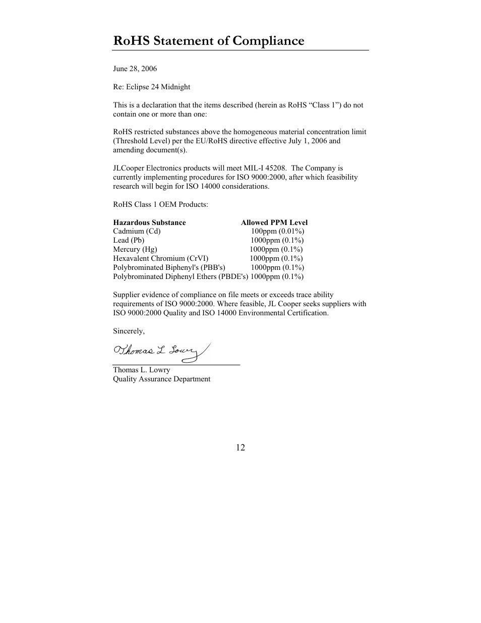 Rohs statement of compliance | JLCooper Eclipse24 User Manual | Page 12 / 14