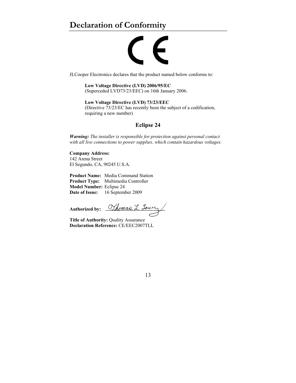 Declaration of conformity | JLCooper Eclipse24 User Manual | Page 13 / 14