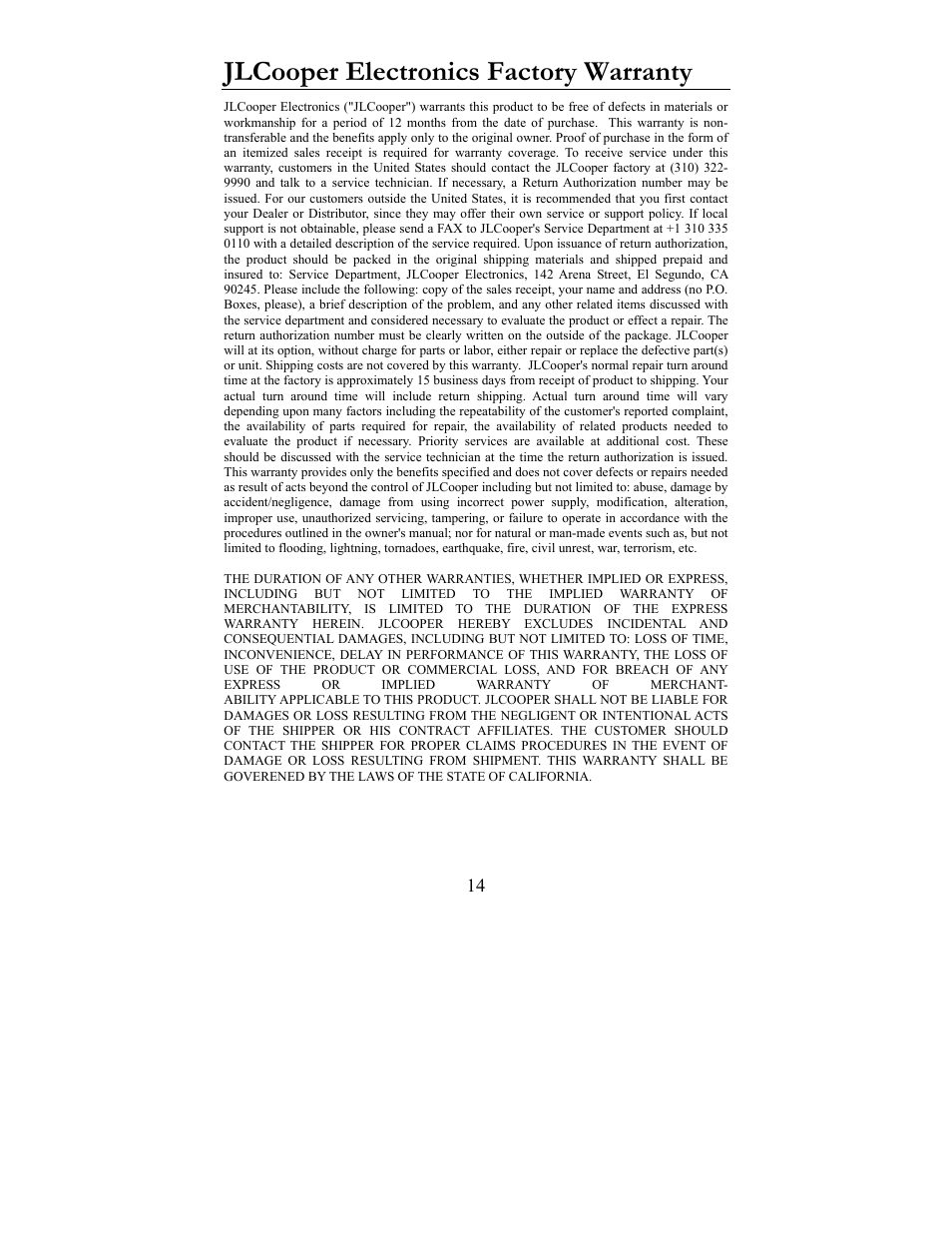 Jlcooper electronics factory warranty | JLCooper Eclipse24 User Manual | Page 14 / 14