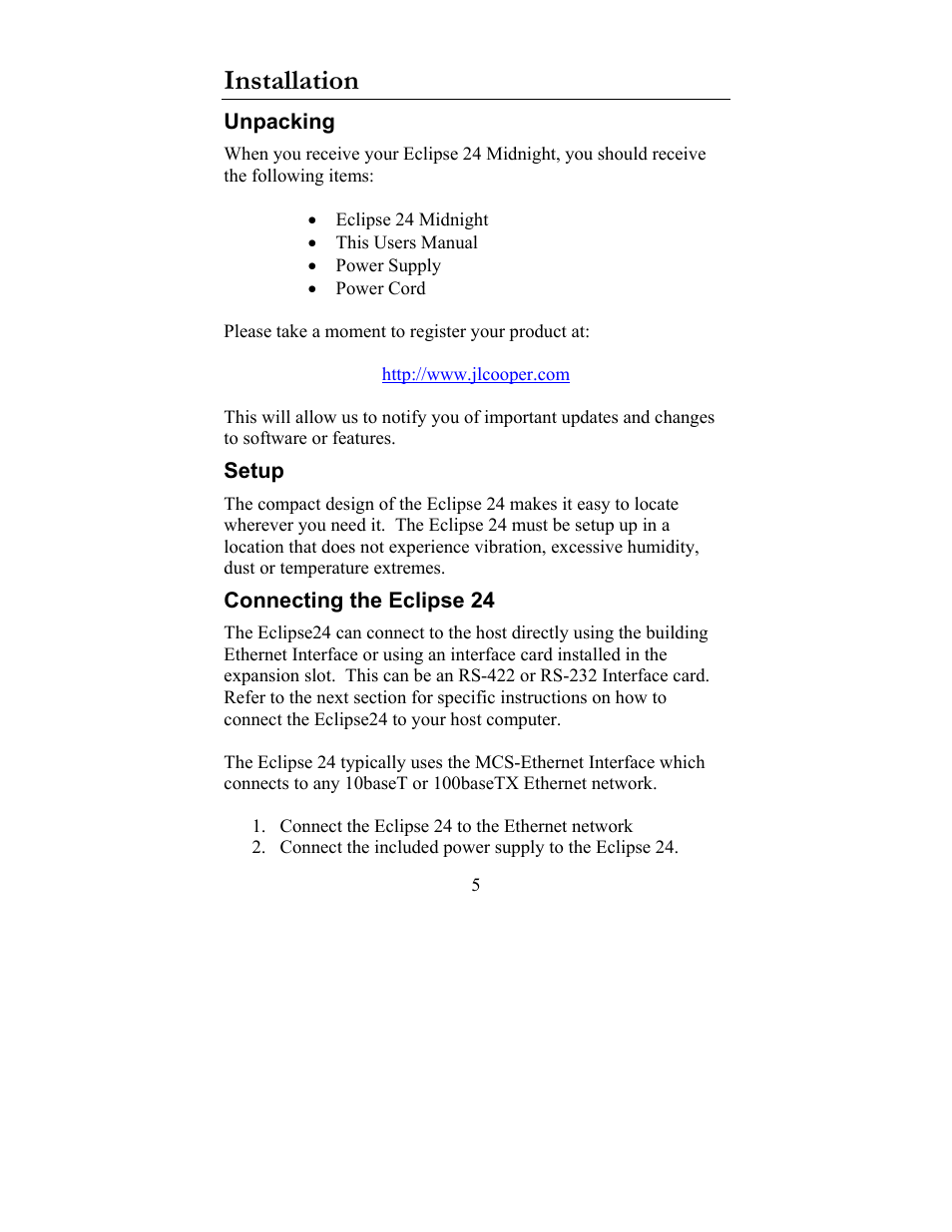 Installation, Unpacking setup connecting the eclipse 24 | JLCooper Eclipse24 User Manual | Page 5 / 14