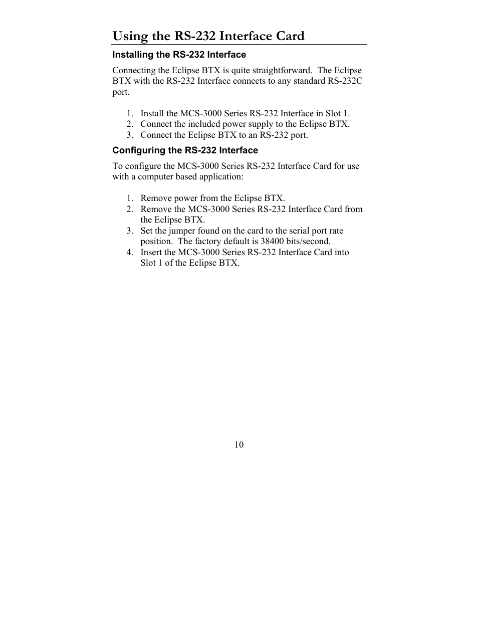 Using the rs-232 interface card | JLCooper BTX Eclipse User Manual | Page 10 / 22