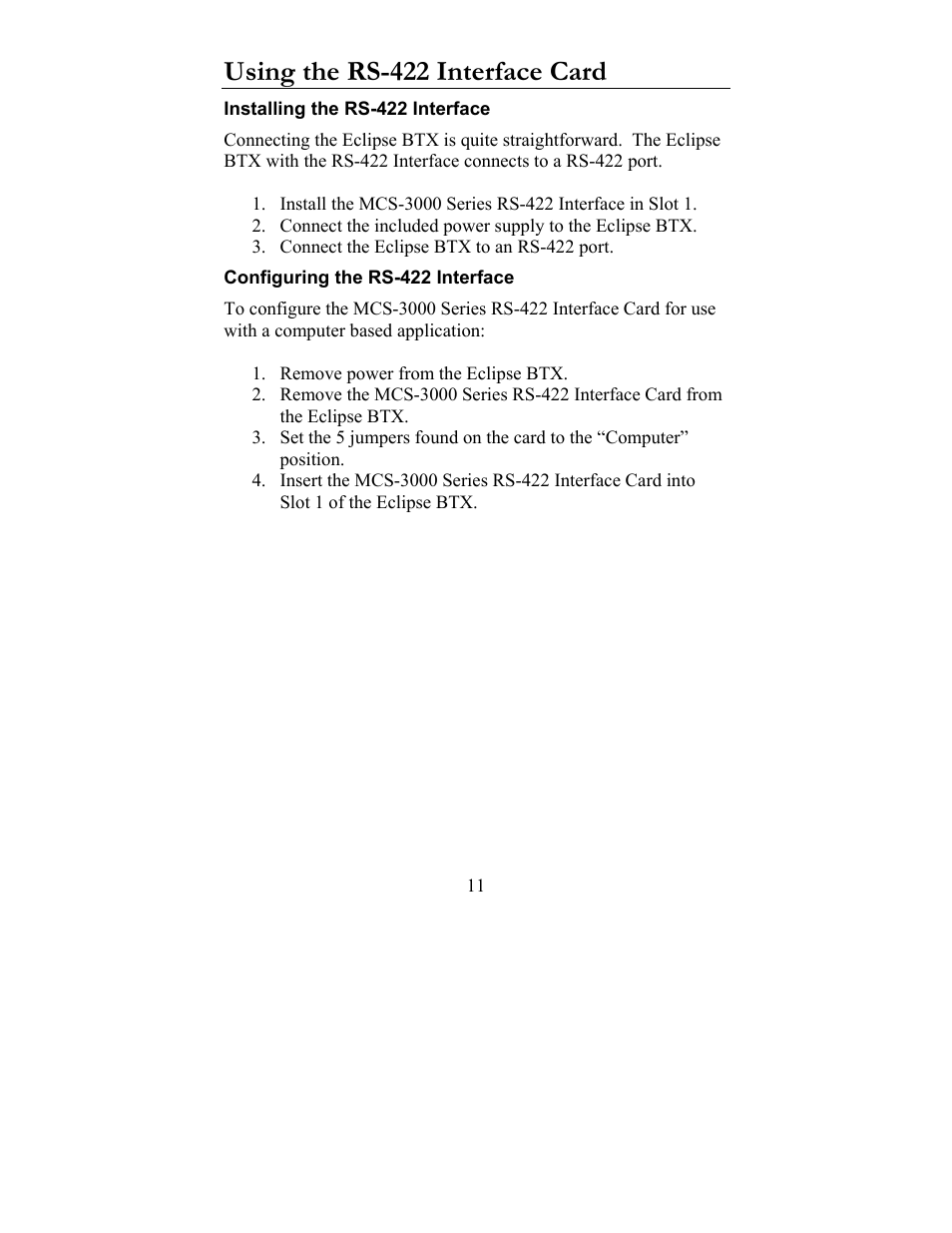 Using the rs-422 interface card | JLCooper BTX Eclipse User Manual | Page 11 / 22