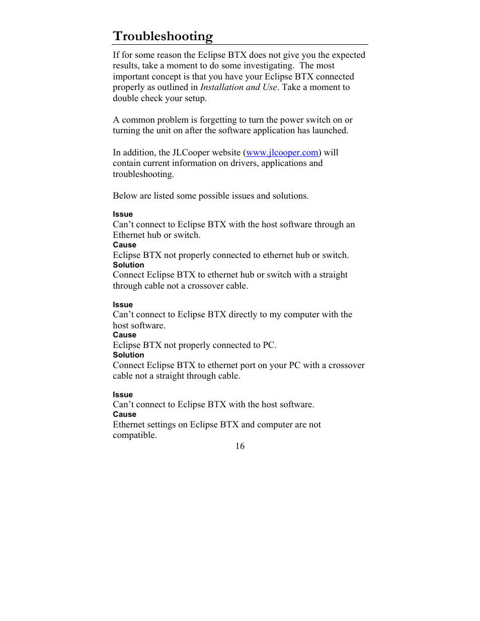 Troubleshooting | JLCooper BTX Eclipse User Manual | Page 16 / 22