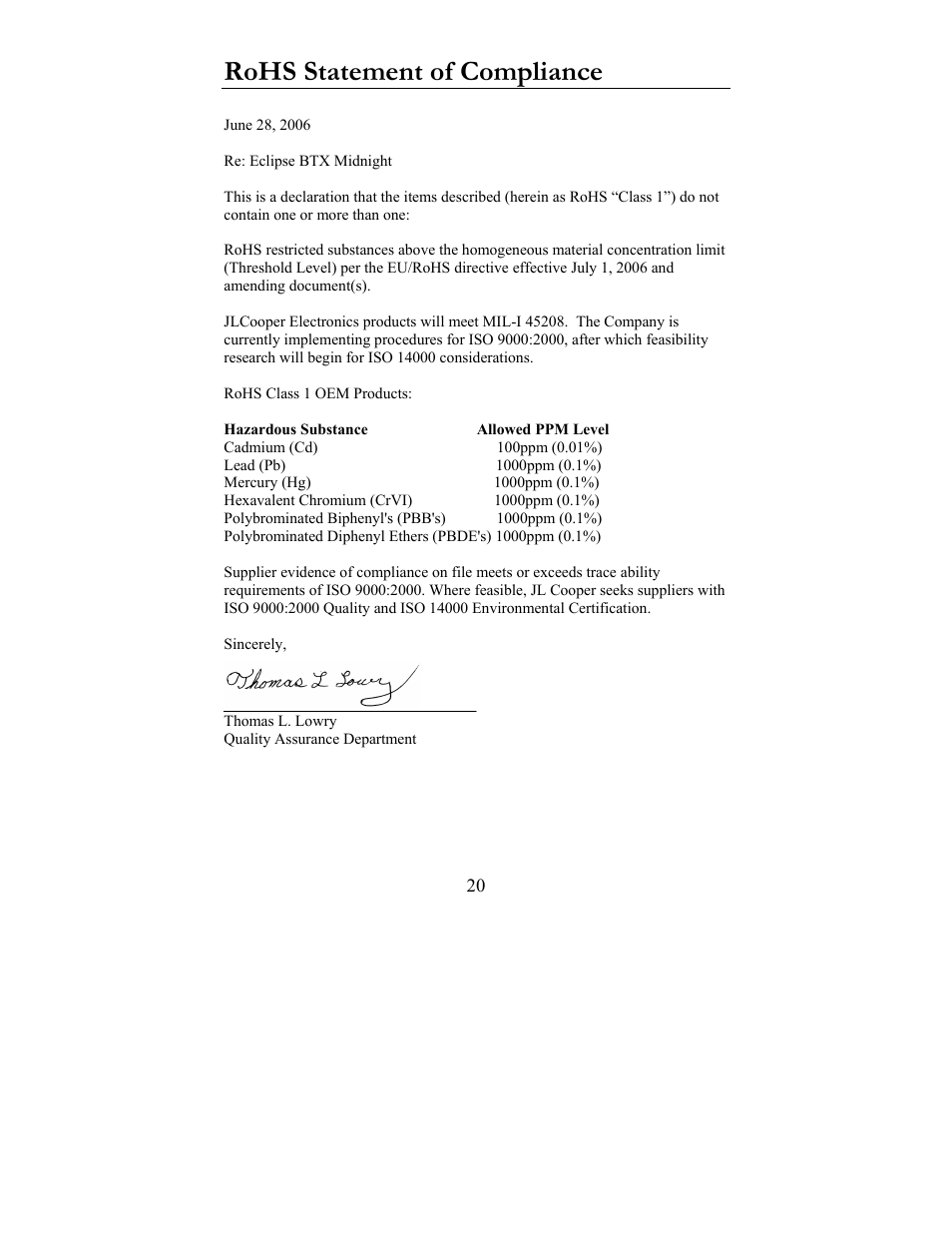 Rohs statement of compliance | JLCooper BTX Eclipse User Manual | Page 20 / 22