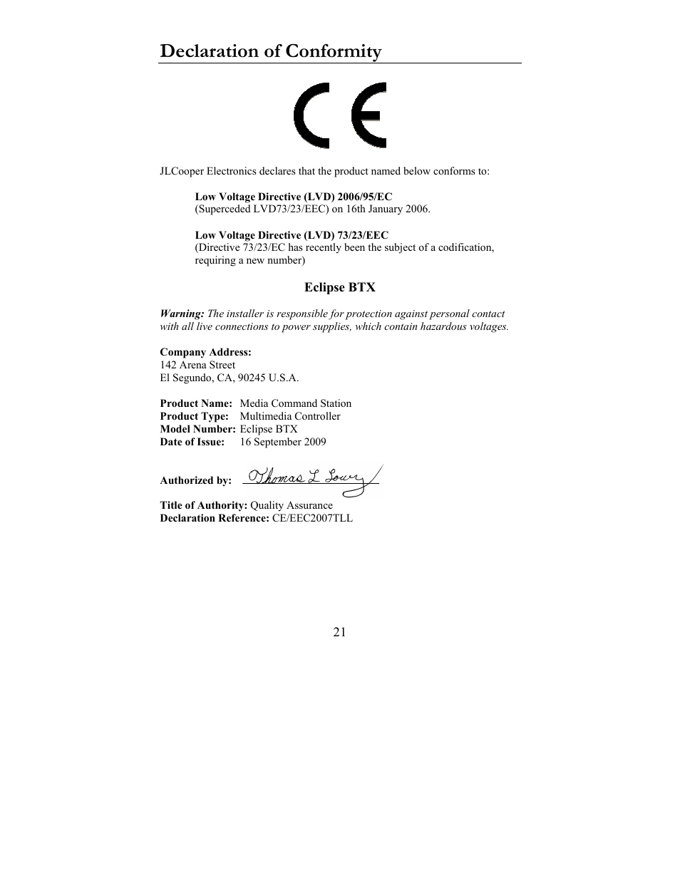 Declaration of conformity | JLCooper BTX Eclipse User Manual | Page 21 / 22