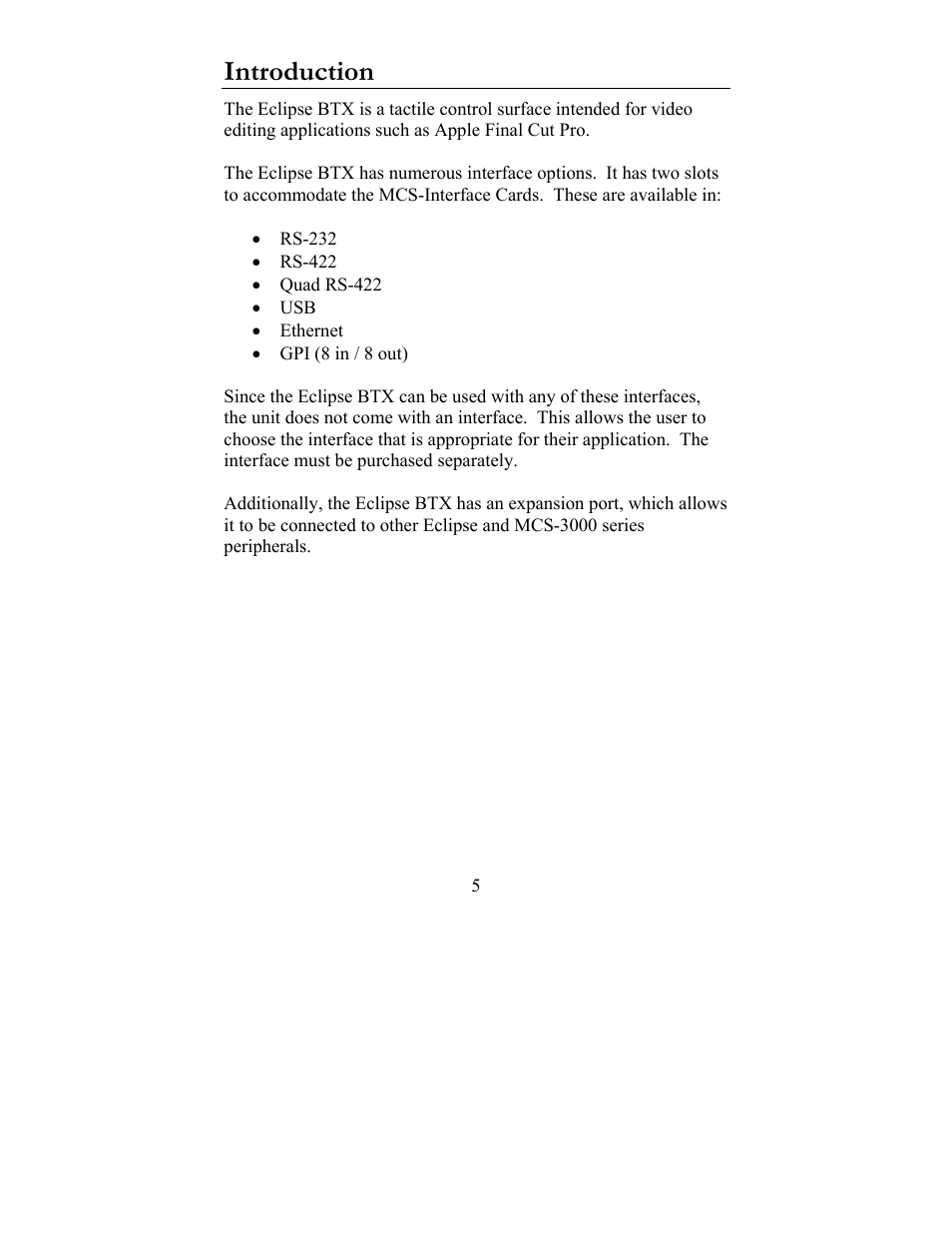Introduction | JLCooper BTX Eclipse User Manual | Page 5 / 22