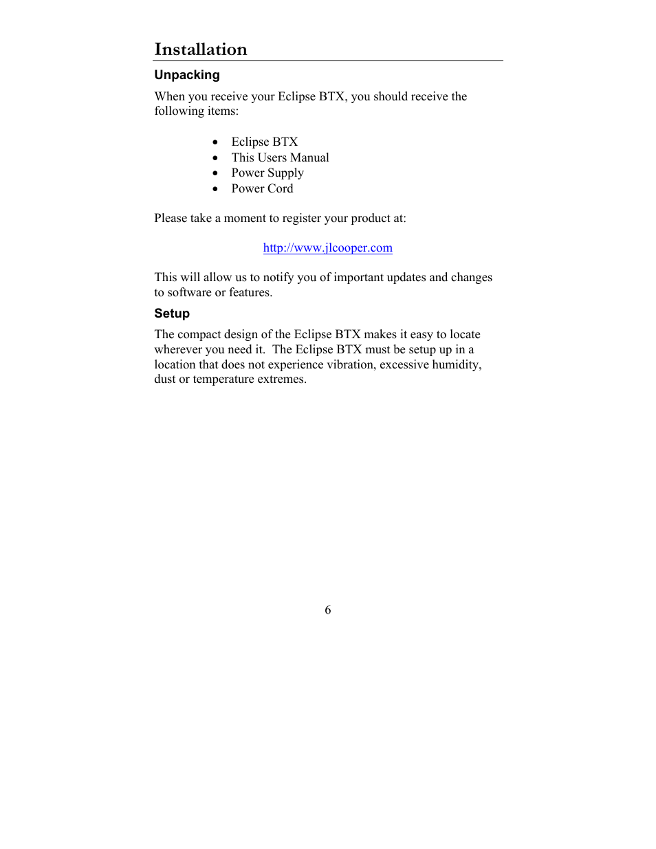 Installation, Unpacking setup | JLCooper BTX Eclipse User Manual | Page 6 / 22