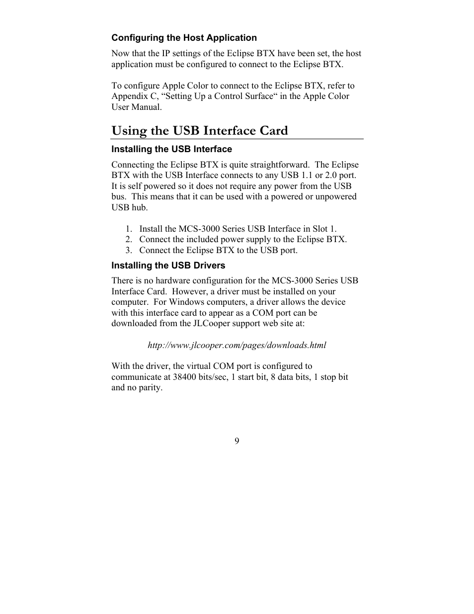 Configuring the host application, Using the usb interface card | JLCooper BTX Eclipse User Manual | Page 9 / 22