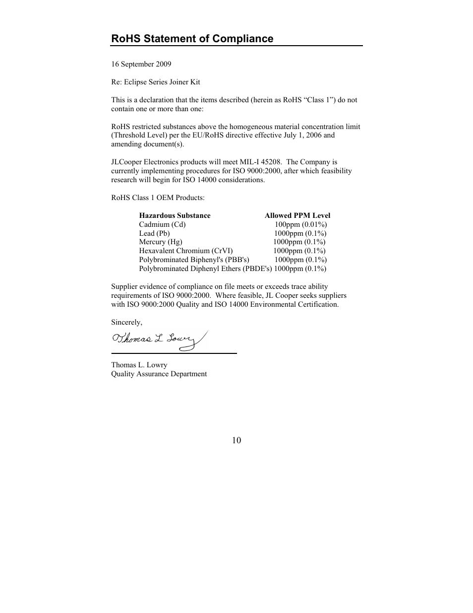 Rohs statement of compliance | JLCooper Eclipse Series Joiner Kit User Manual | Page 10 / 12