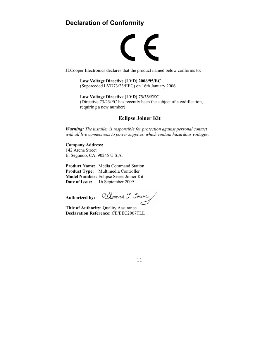 Declaration of conformity | JLCooper Eclipse Series Joiner Kit User Manual | Page 11 / 12