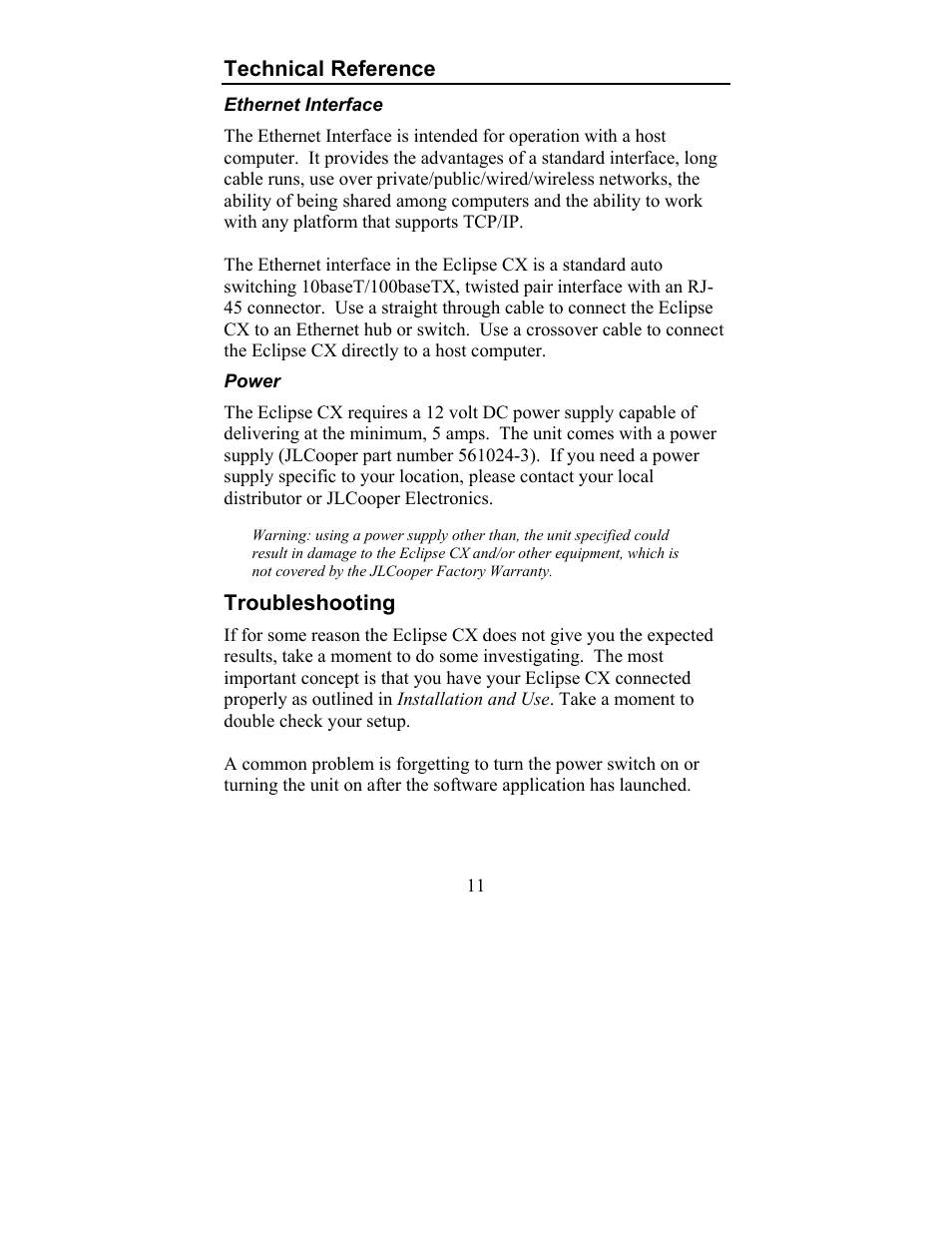 Technical reference, Troubleshooting | JLCooper CX Eclipse User Manual | Page 11 / 15