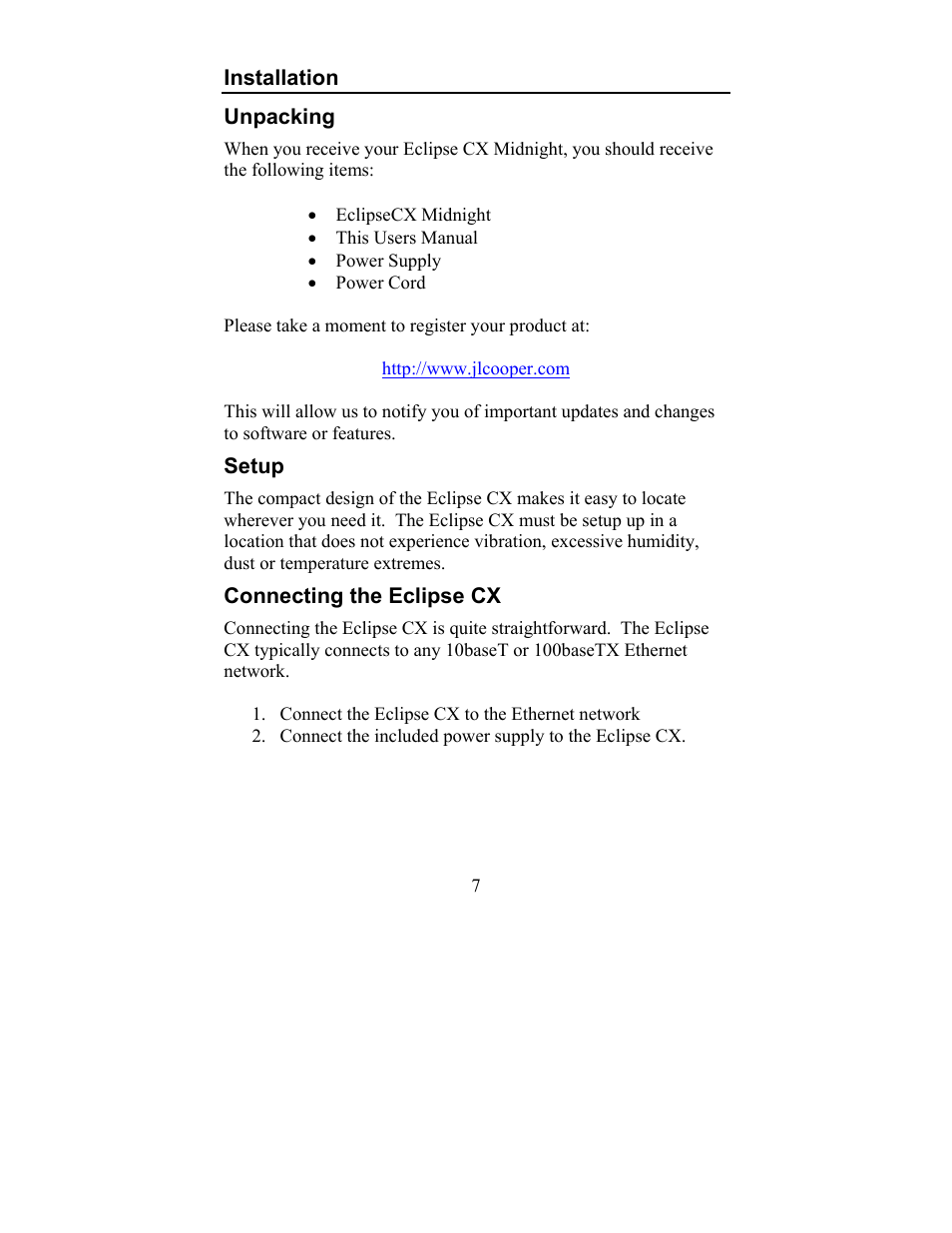 Installation, Unpacking setup connecting the eclipse cx | JLCooper CX Eclipse User Manual | Page 7 / 15