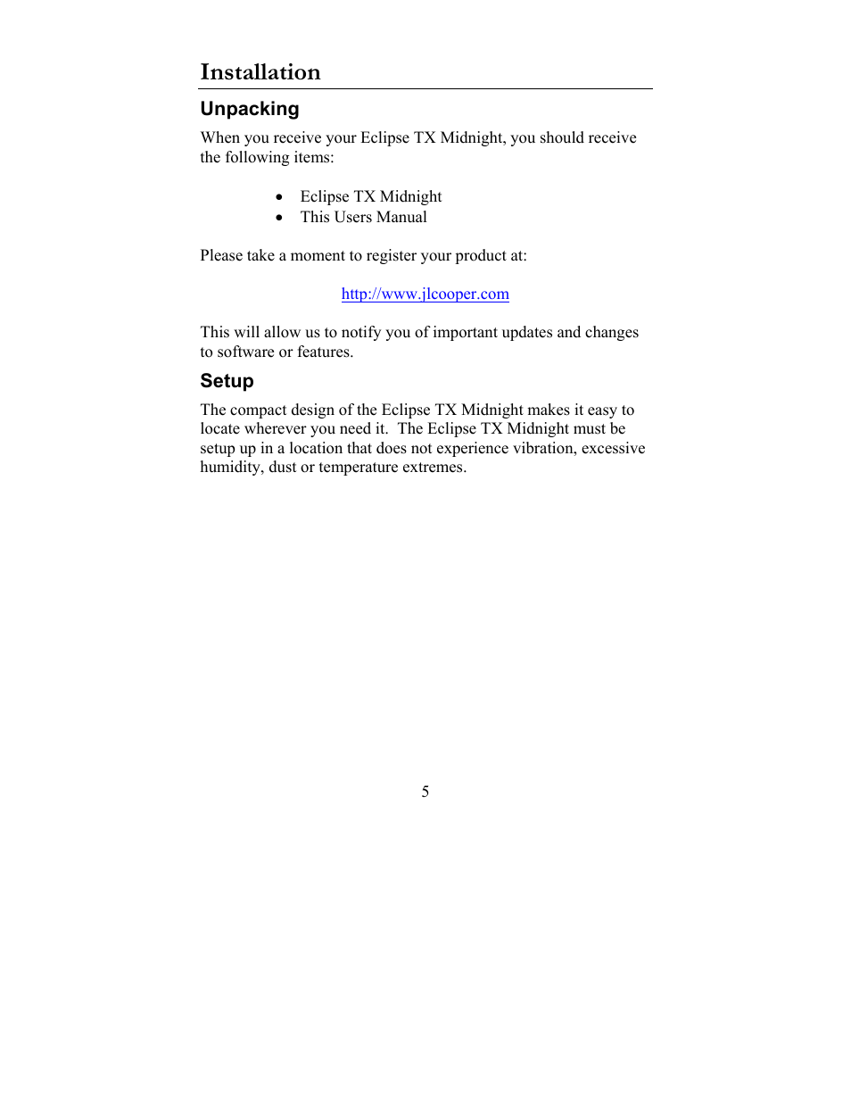 Installation, Unpacking setup | JLCooper TX Midnight Eclipse User Manual | Page 5 / 8