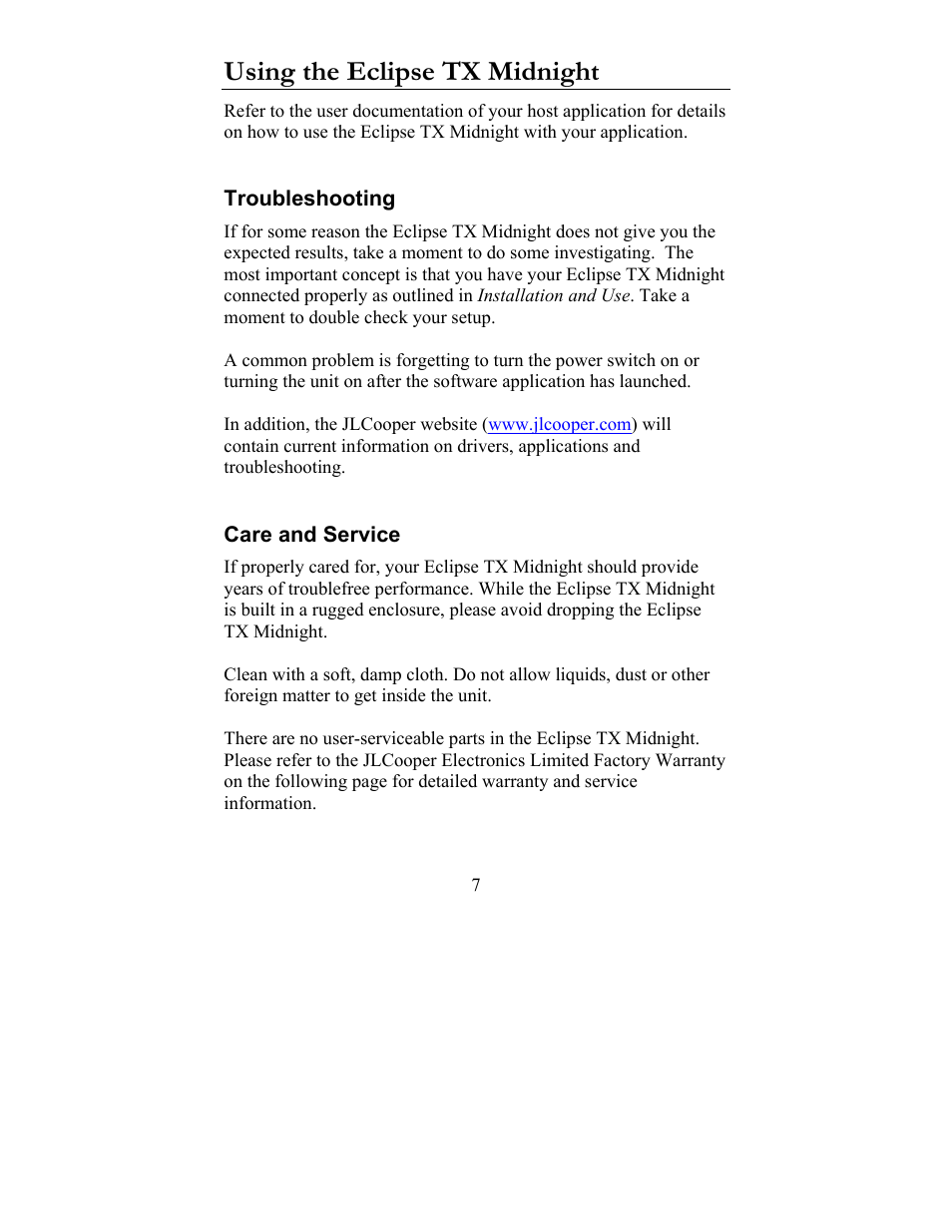 Using the eclipse tx midnight, Troubleshooting care and service | JLCooper TX Midnight Eclipse User Manual | Page 7 / 8