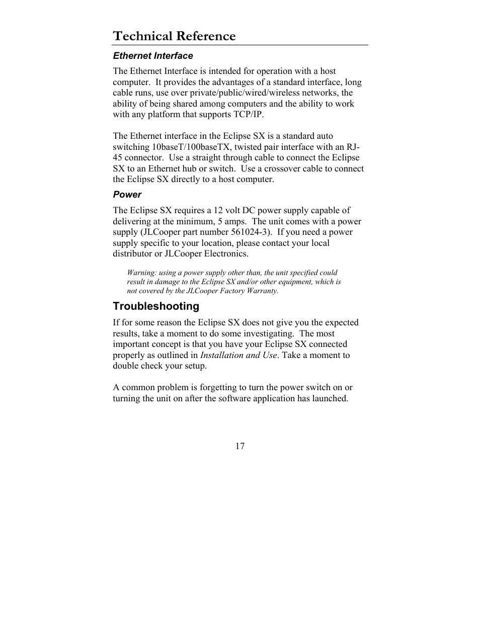 Technical reference, Troubleshooting | JLCooper SX Midnight Eclipse User Manual | Page 17 / 21