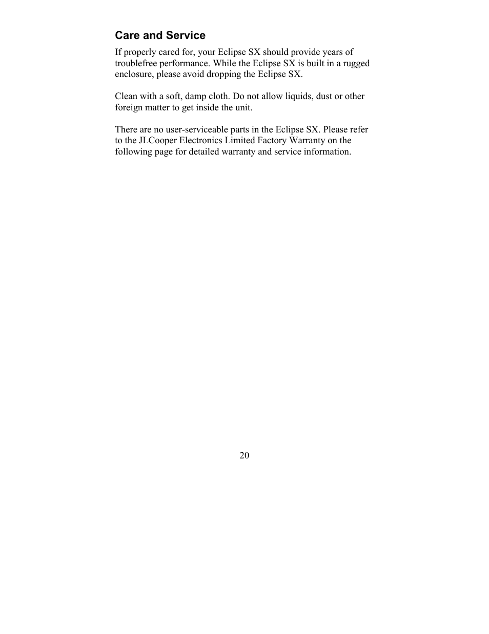 Care and service | JLCooper SX Midnight Eclipse User Manual | Page 20 / 21