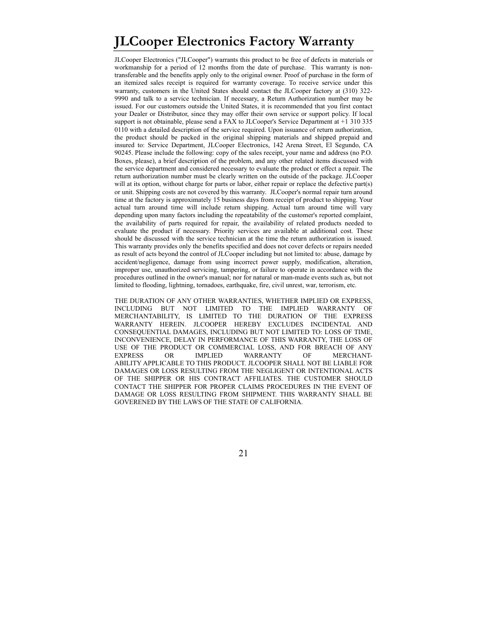 Jlcooper electronics factory warranty | JLCooper SX Midnight Eclipse User Manual | Page 21 / 21