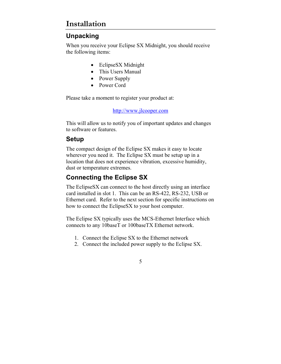 Installation, Unpacking setup connecting the eclipse sx | JLCooper SX Midnight Eclipse User Manual | Page 5 / 21
