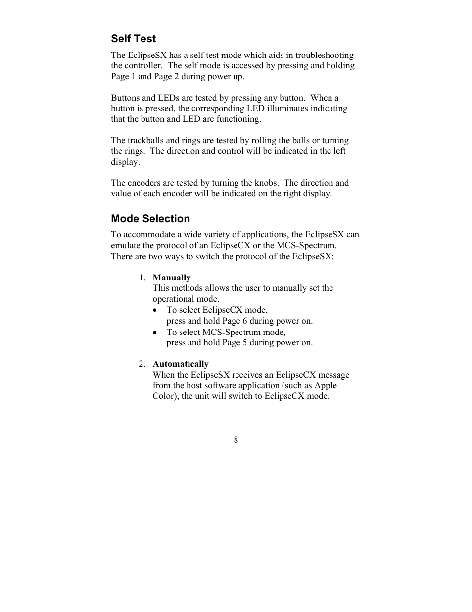 Self test mode selection | JLCooper SX Midnight Eclipse User Manual | Page 8 / 21