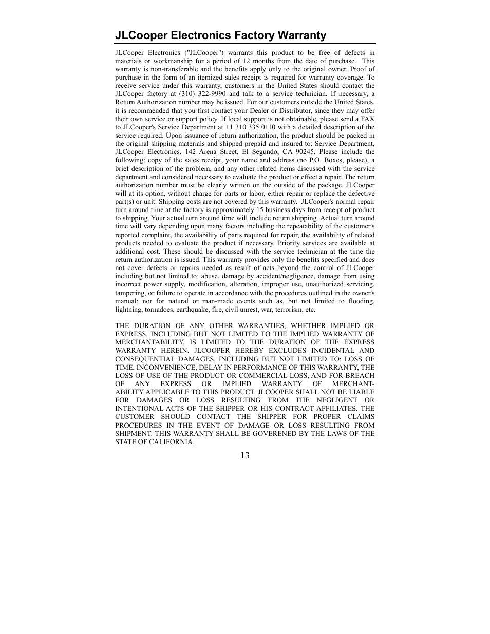 Jlcooper electronics factory warranty | JLCooper MX Eclipse User Manual | Page 13 / 13