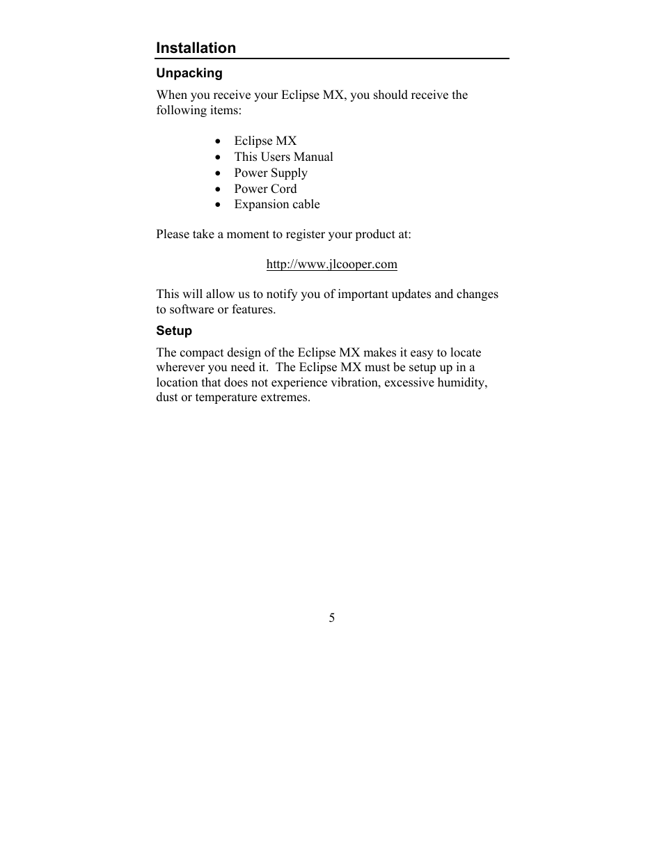 Installation, Unpacking setup | JLCooper MX Eclipse User Manual | Page 5 / 13