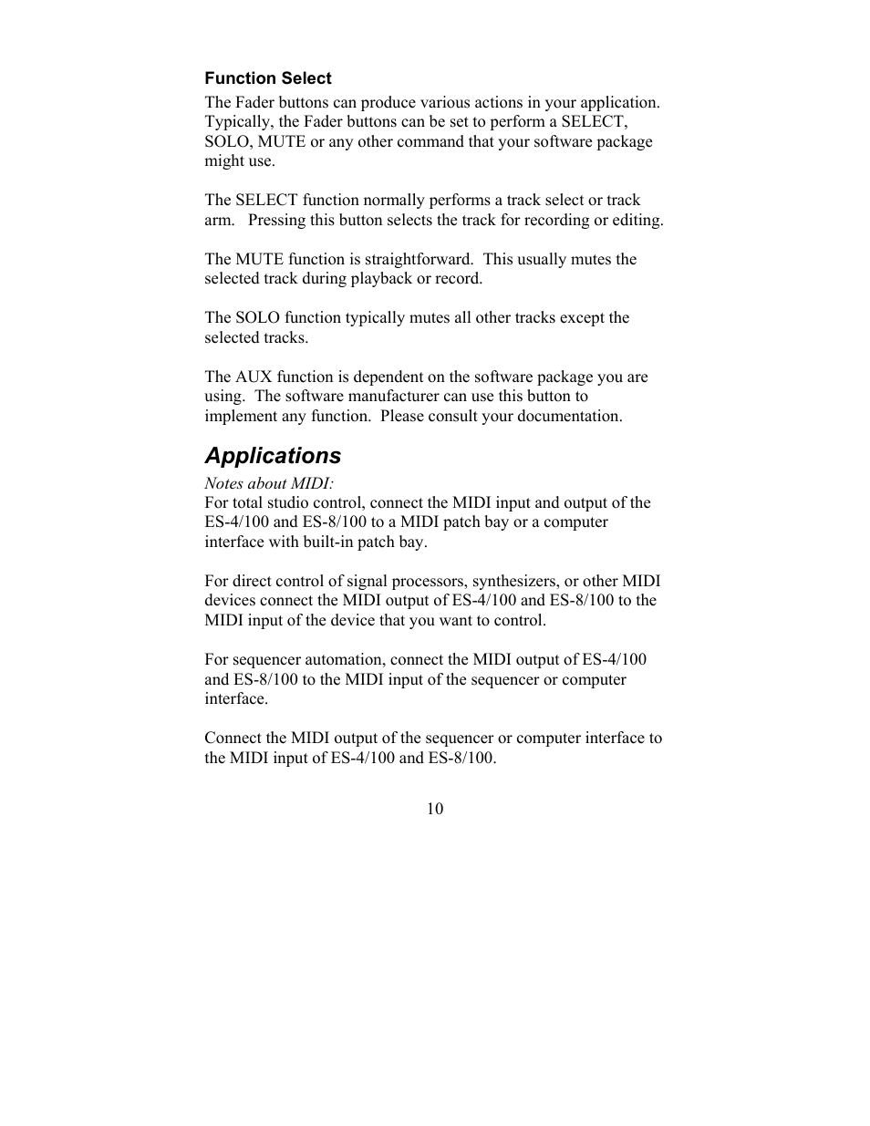 Function select, Applications | JLCooper ES-4/100 MIDI User Manual | Page 10 / 17