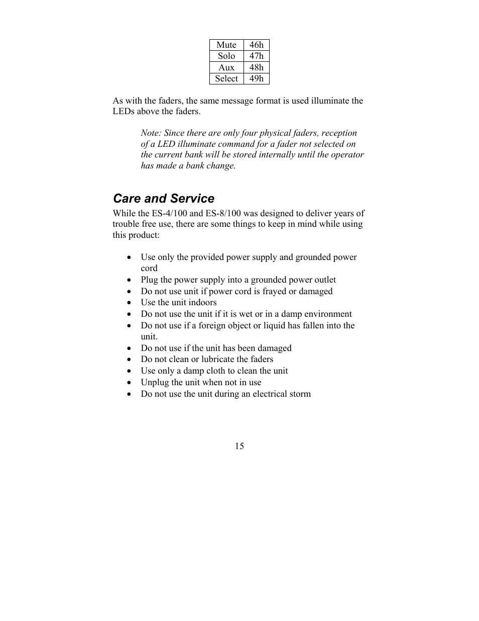 Care and service | JLCooper ES-4/100 MIDI User Manual | Page 15 / 17
