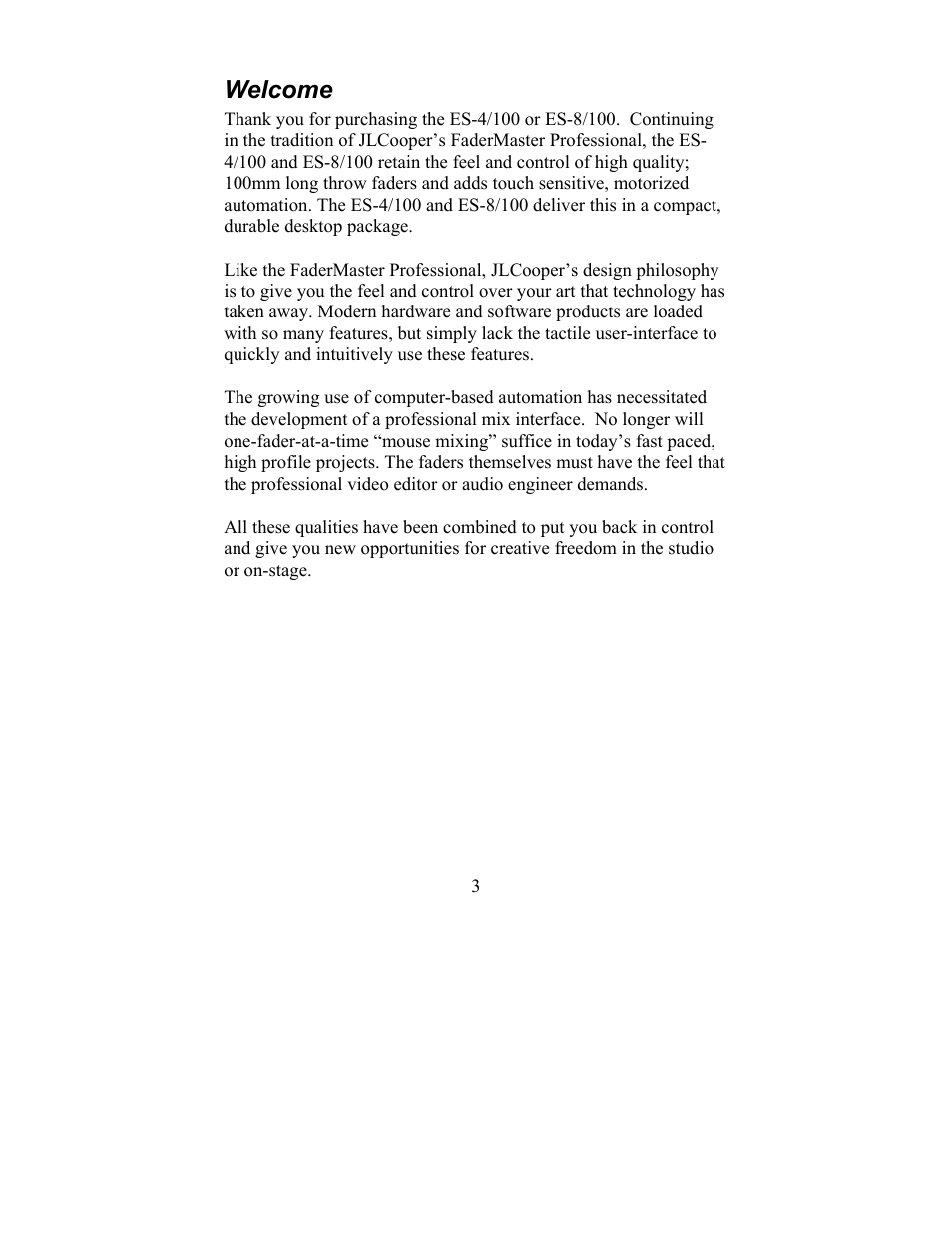 Welcome | JLCooper ES-4/100 MIDI User Manual | Page 3 / 17