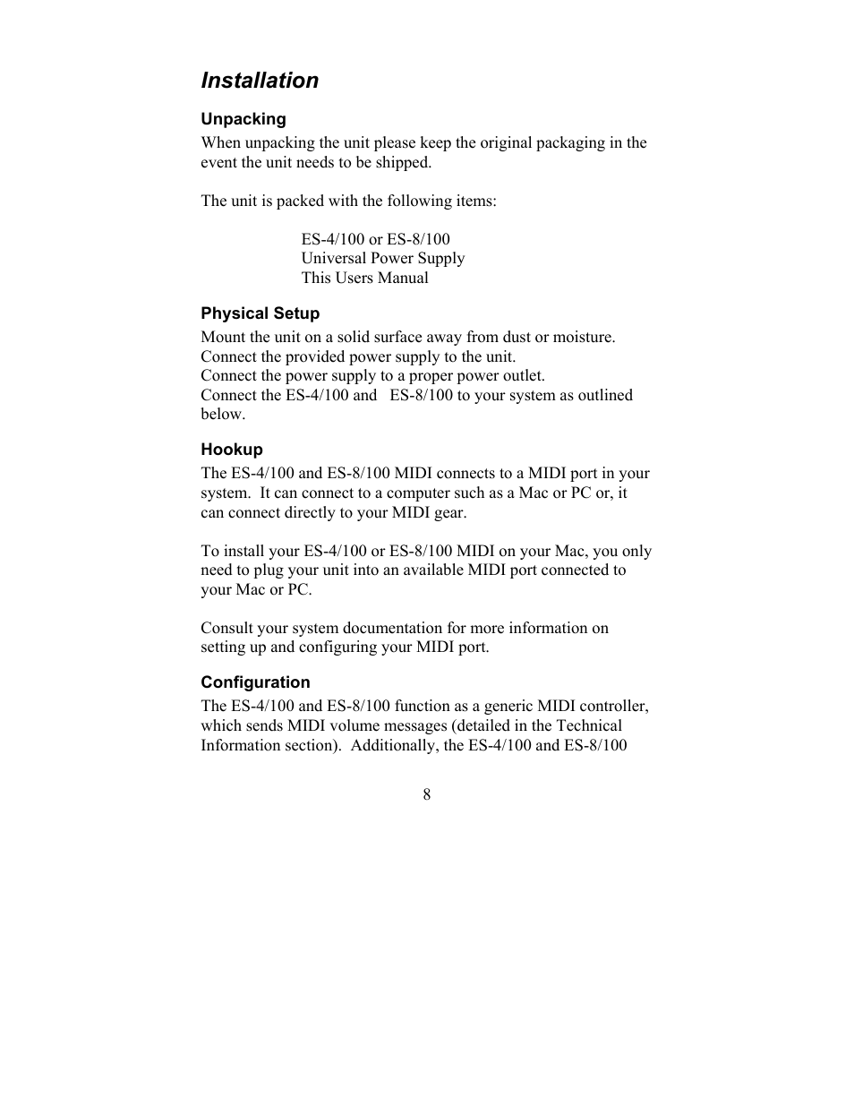 Installation, Unpacking physical setup hookup configuration | JLCooper ES-4/100 MIDI User Manual | Page 8 / 17