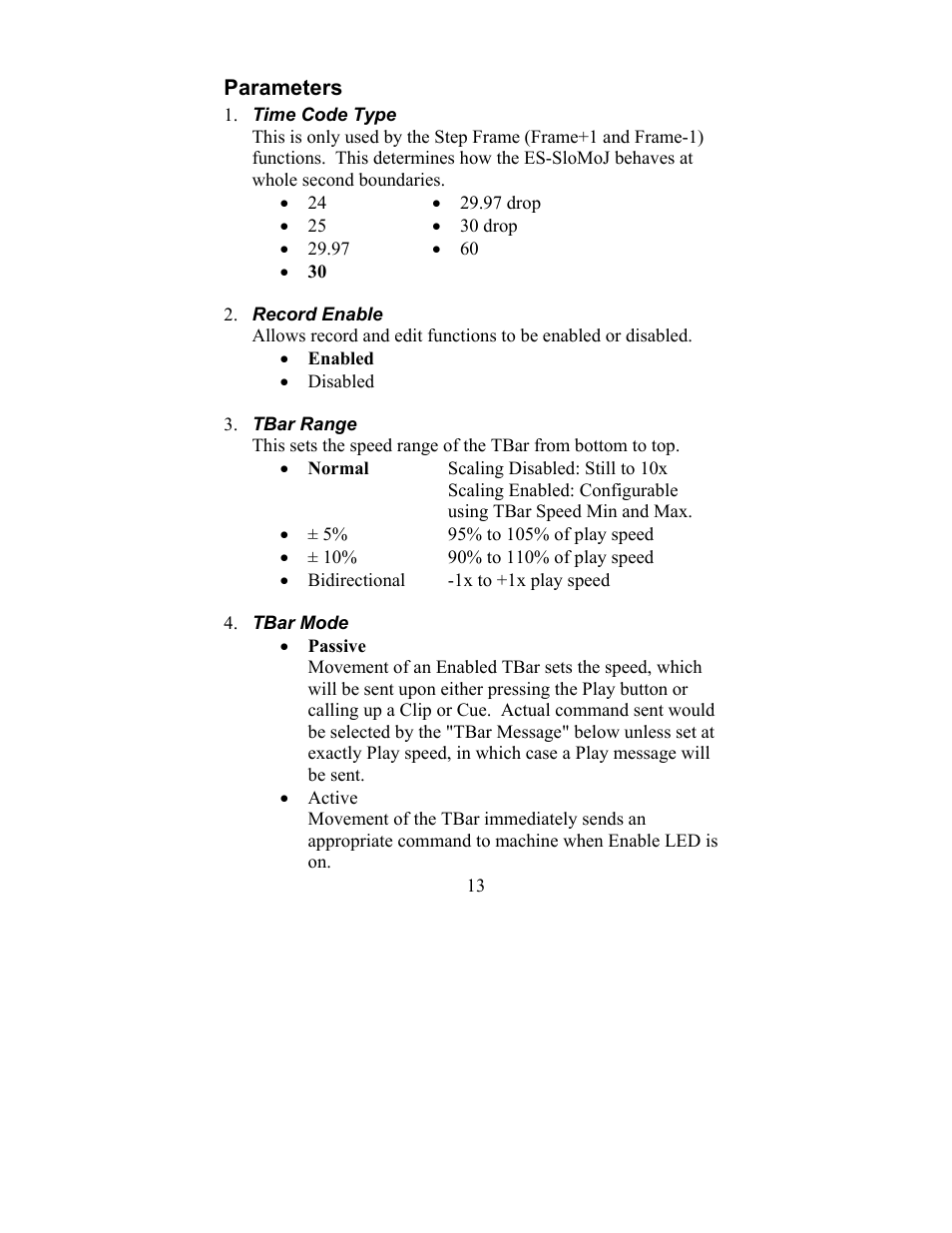 Parameters | JLCooper ES-SloMoJ User Manual | Page 13 / 50