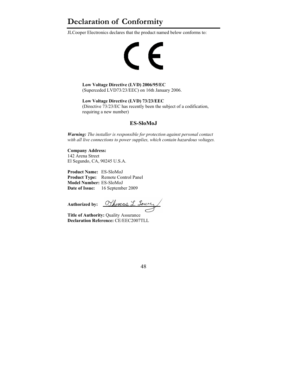 Declaration of conformity | JLCooper ES-SloMoJ User Manual | Page 48 / 50