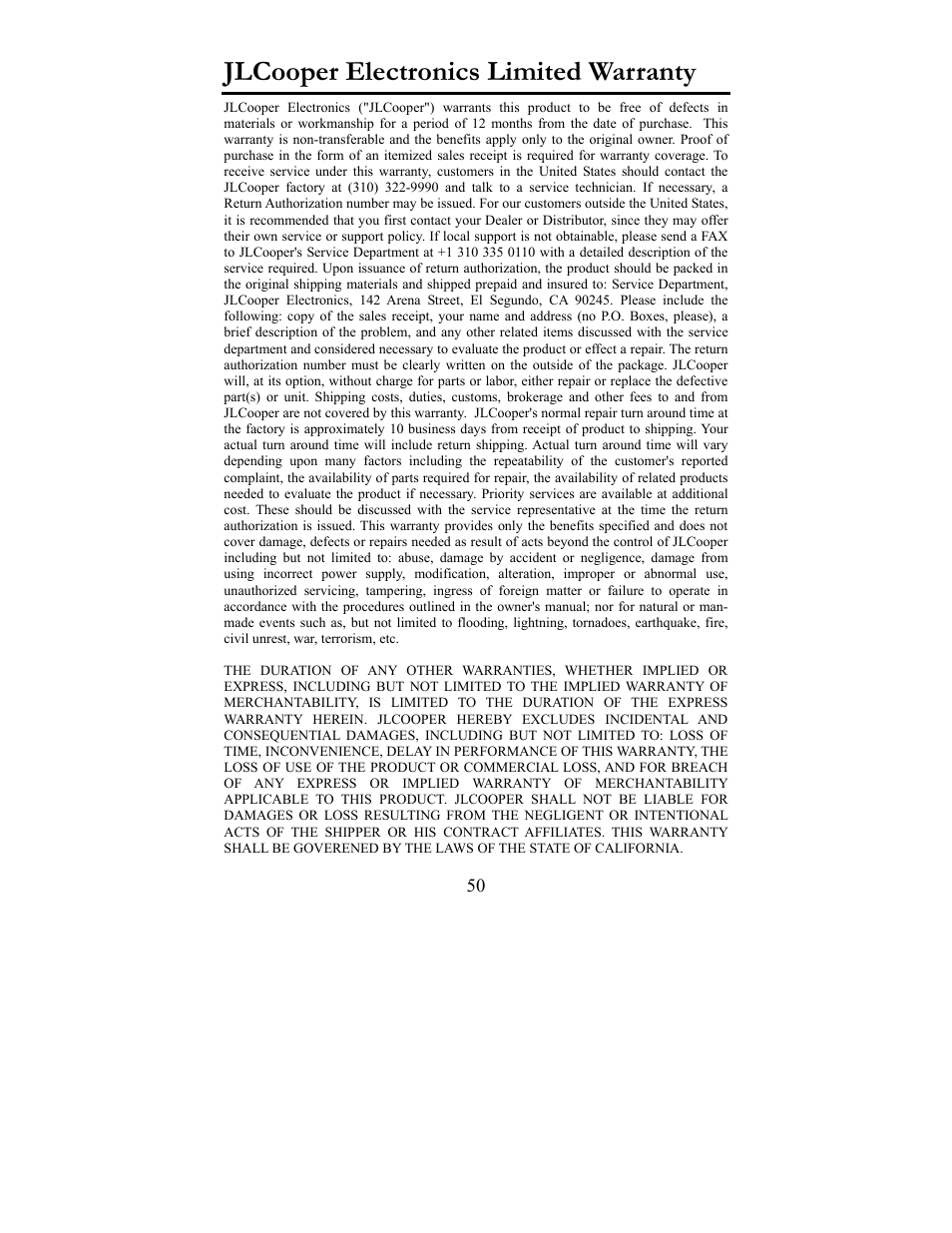 Jlcooper electronics limited warranty | JLCooper ES-SloMoJ User Manual | Page 50 / 50