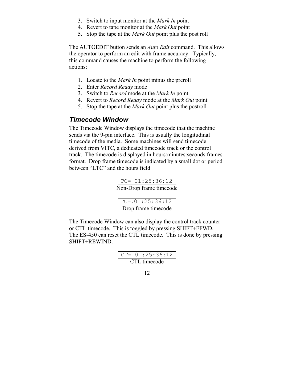 Timecode window | JLCooper ES-450SP User Manual | Page 12 / 17