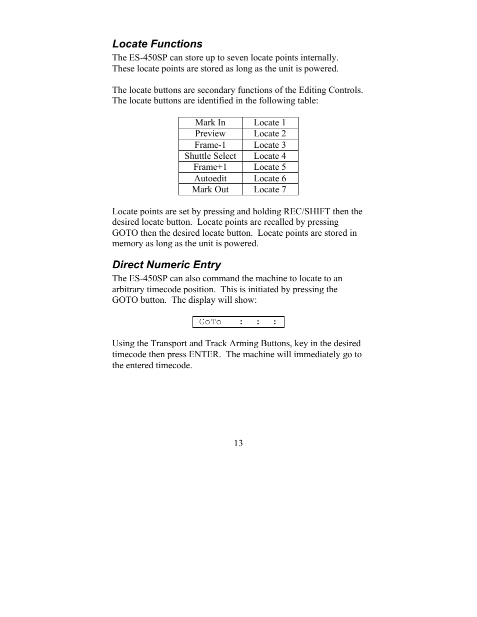 Locate functions direct numeric entry | JLCooper ES-450SP User Manual | Page 13 / 17