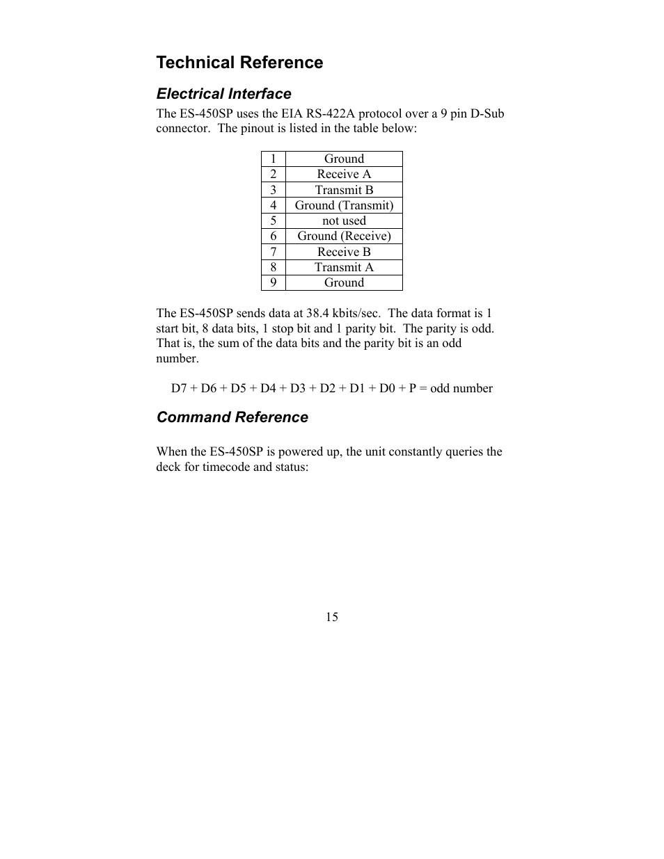 Technical reference, Electrical interface command reference | JLCooper ES-450SP User Manual | Page 15 / 17